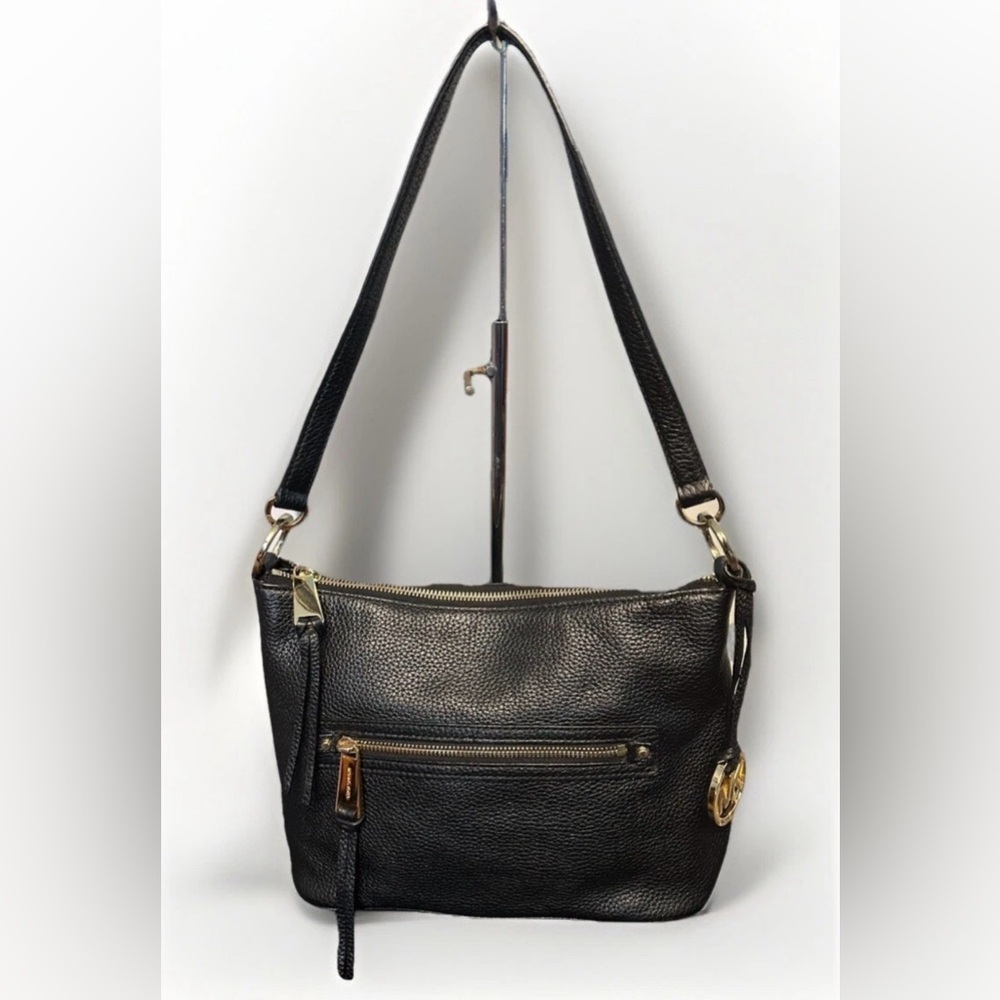 MICHAEL Michael Kors Rhea Black Pebbled Leather Shoulder Bag Goldtone Hardware
